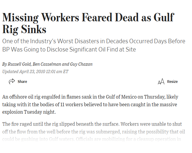 Missing Workers Feared Dead as Gulf Rig Sinks news article headline