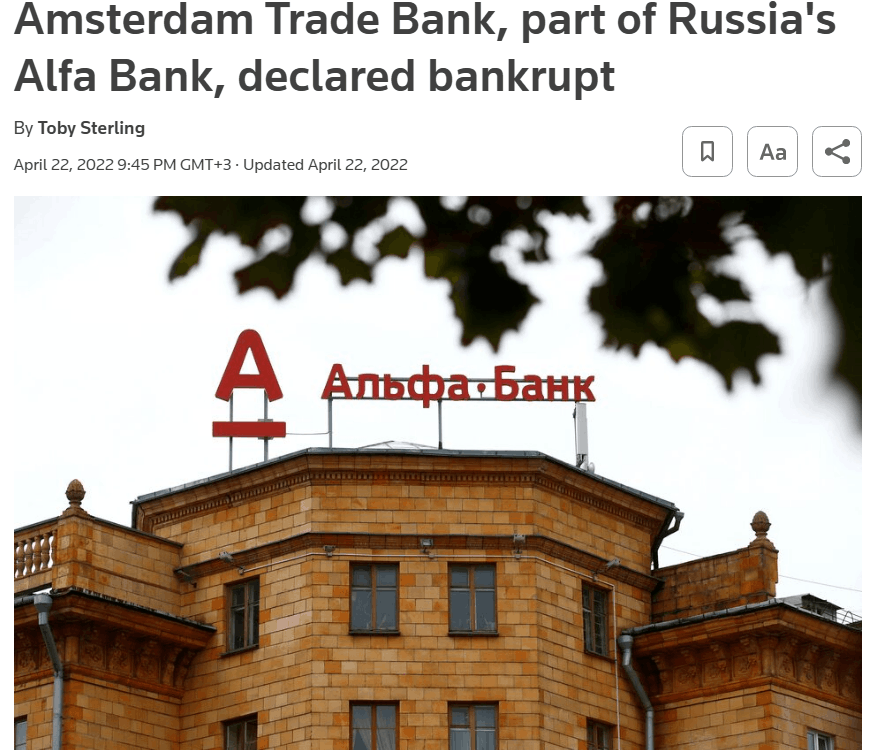 Bankruptcy of Amsterdam Trade Bank linked to Russia’s Alfa Bank news article