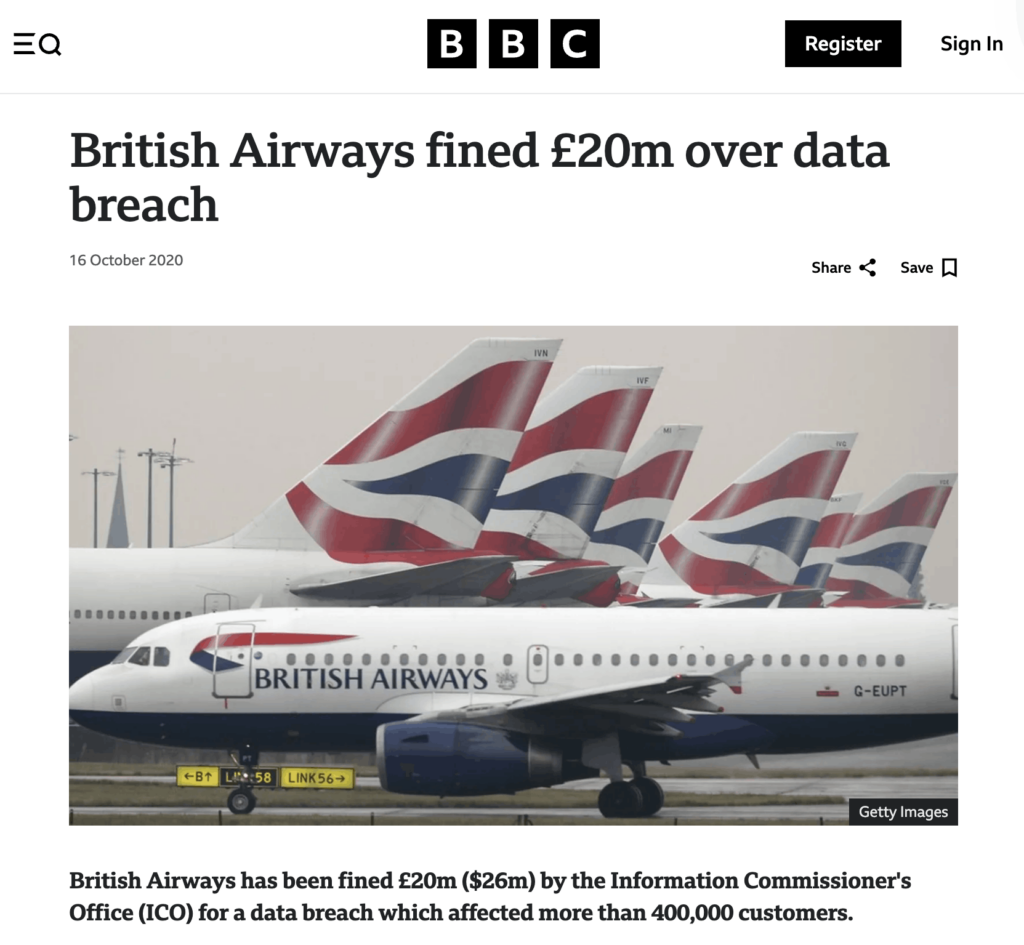 British Airways fined £20m over data breach news article headline