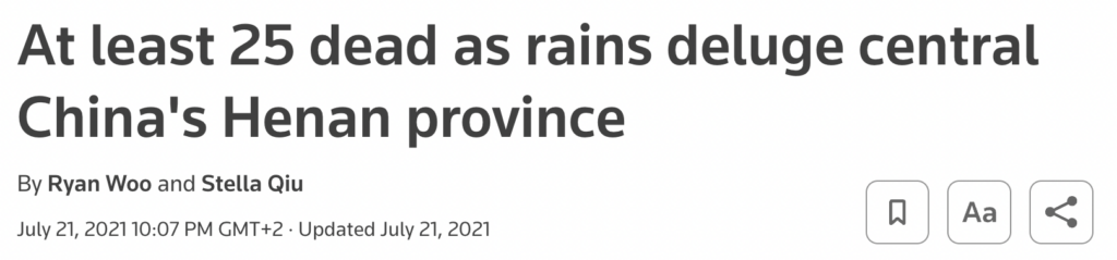 screenshot of a news article on floods that hit China’s Henan Province