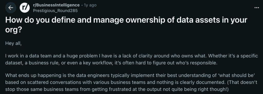 Reddit post discussing challenges in defining ownership of data assets in organizations
