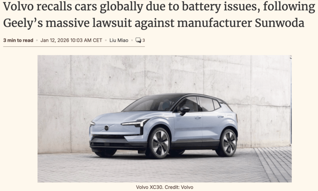 Volvo recalls cars globally due to battery issues, following Geely’s massive lawsuit against manufacturer Sunwoda news article