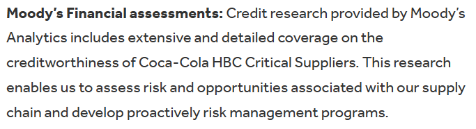 a screenshot showing how coca cola is using credit research from Moody's Analytics to continuously monitor supplier health