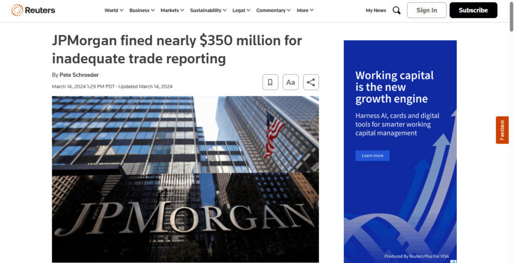 JPMorgan fined nearly $350 million for inadequate trade reporting news article headline