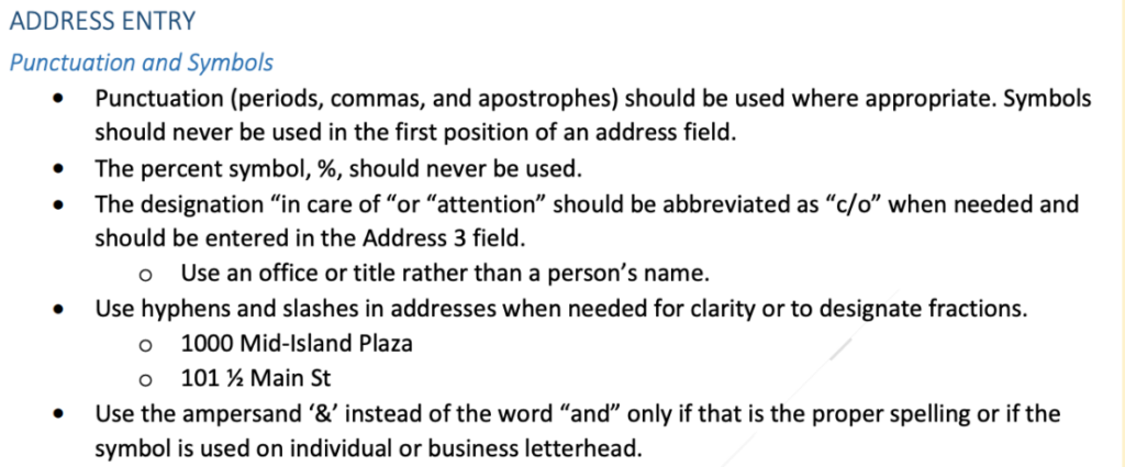 Guidelines for punctuation and symbols when entering mailing addresses
