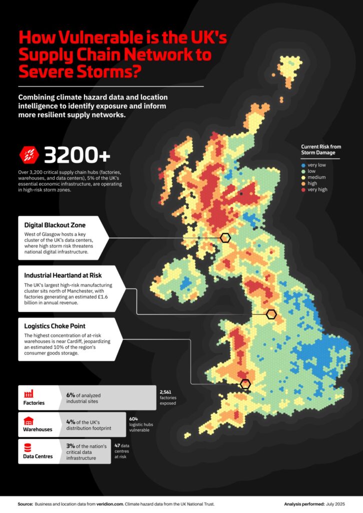 Map showing UK supply chain hubs exposed to severe storm risk