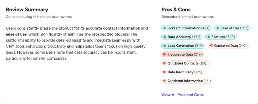 AI summary of user reviews highlighting pros and cons of ZoomInfo Sales