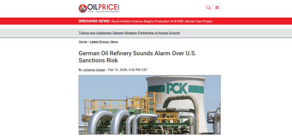 News article on German oil refinery reacting to U.S. sanctions risk
