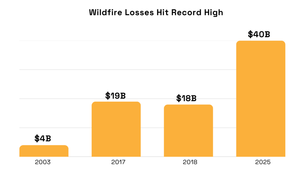 Record wildfire losses from 2003 to 2025 bar chart