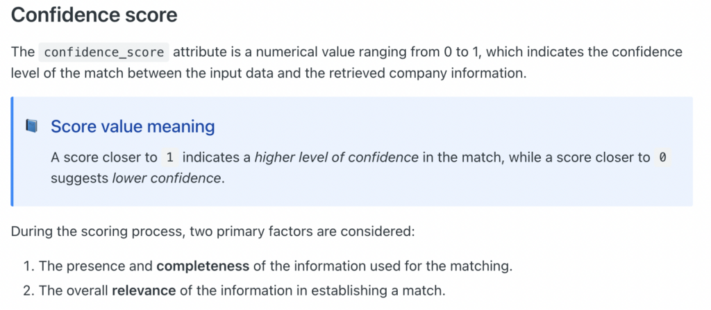Explanation of confidence score used to evaluate company data matches