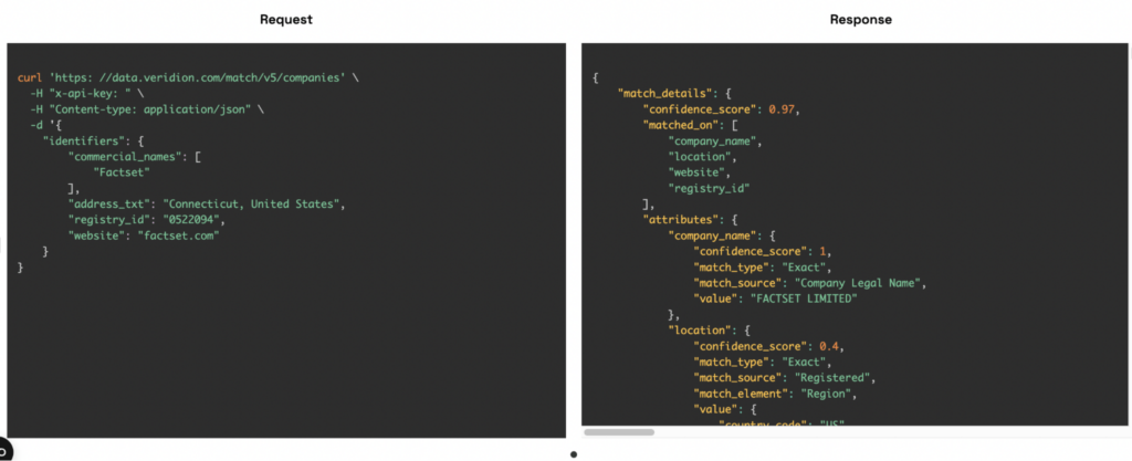 Example API request and response for company data matching service