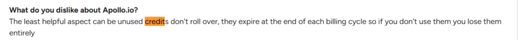 User feedback noting Apollo.io credits expire at the end of each billing cycle