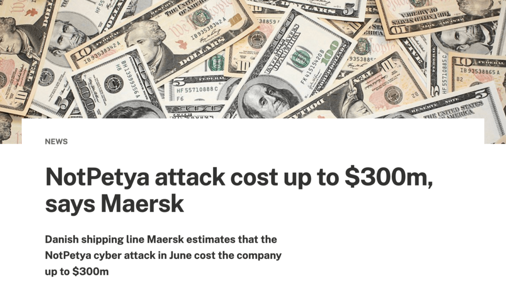 screenshot of a news article on Maersk, the Danish shipping line, which was hit by the NotPetya cyberattack in 2017