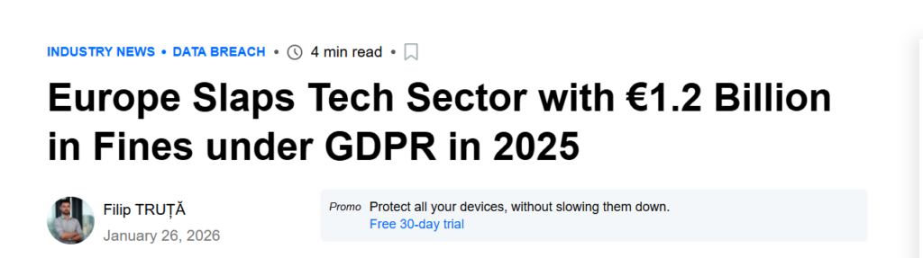 Europe Slaps Tech Sector with €1.2 Billion in Fines under GDPR in 2025 news article headline