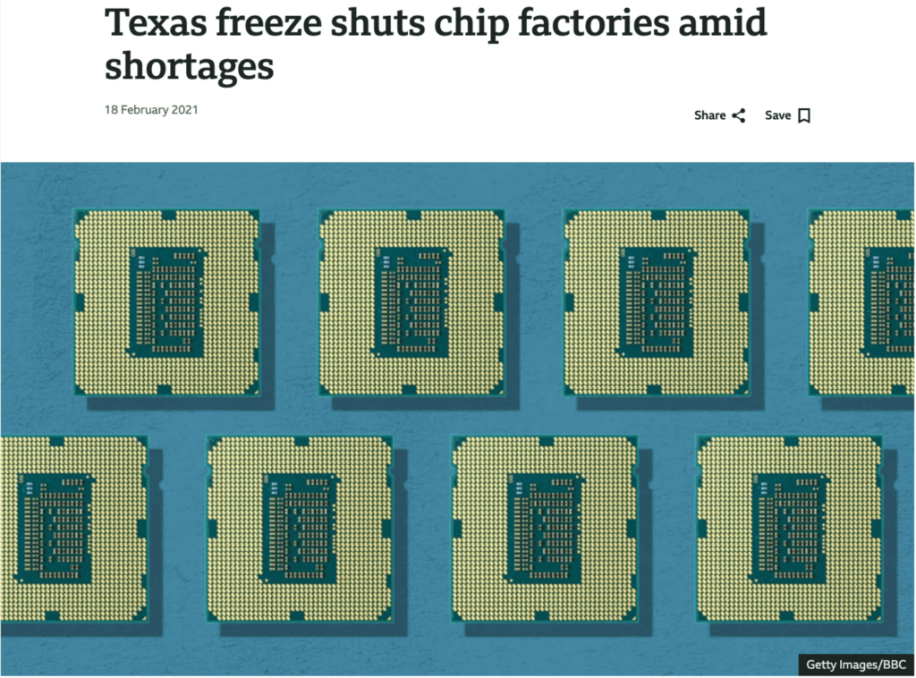 Texas freeze shuts chip factories amid shortages news article headline