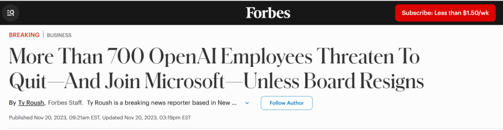 More Than 700 OpenAI Employees Threaten To Quit—And Join Microsoft—Unless Board Resigns news article headline
