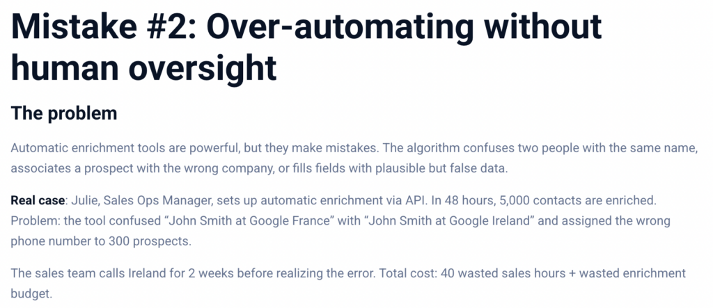 Example explaining risks of over-automating data enrichment without oversight