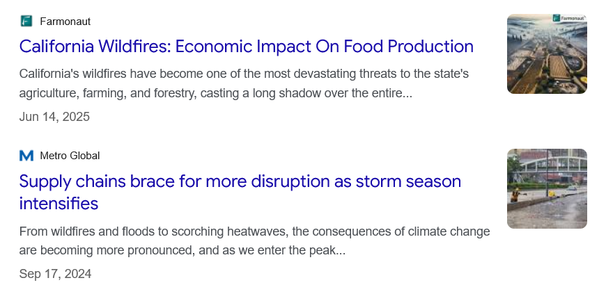 News headlines linking wildfires and storms to supply chain disruption