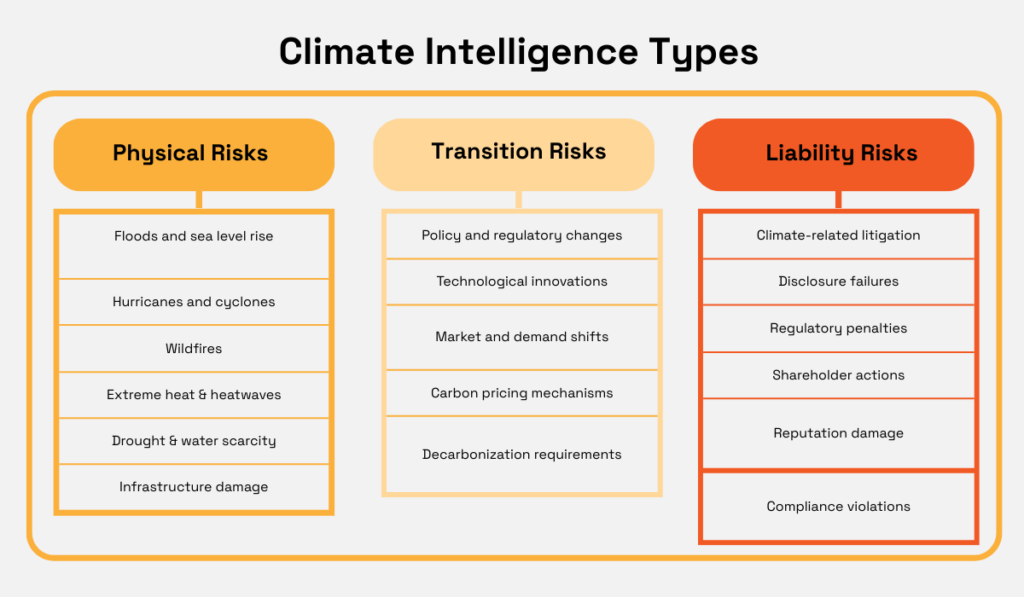 Climate Intelligence Types showing physical, transition, and liability climate risks diagram