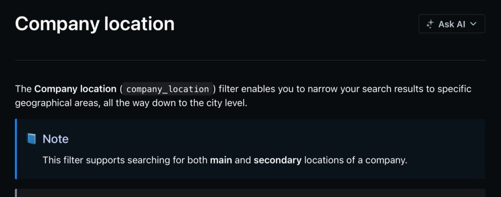 Interface screenshot explaining the company location filter that narrows search results by main and secondary geographic locations