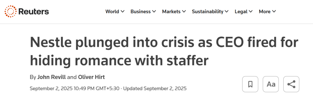 Nestle plunged into crisis as CEO fired for hiding romance with staffer news article headline
