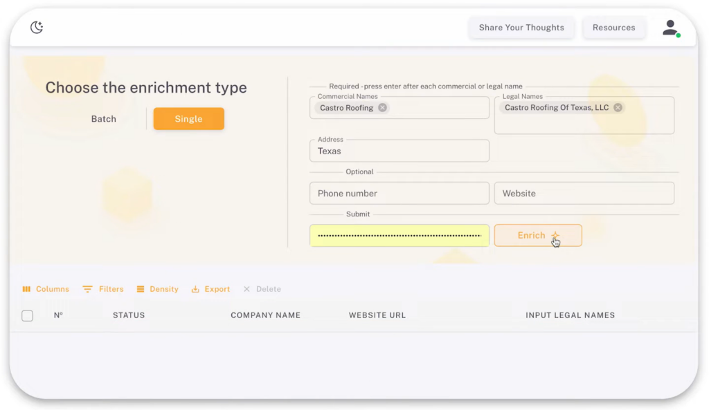Veridion dashboard