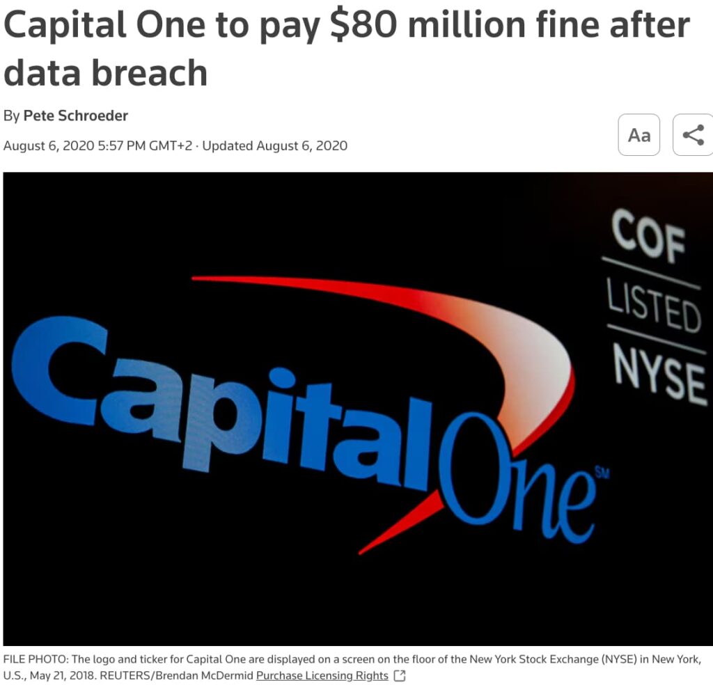 Capital One to pay $80 million fine after data breach news article headline
