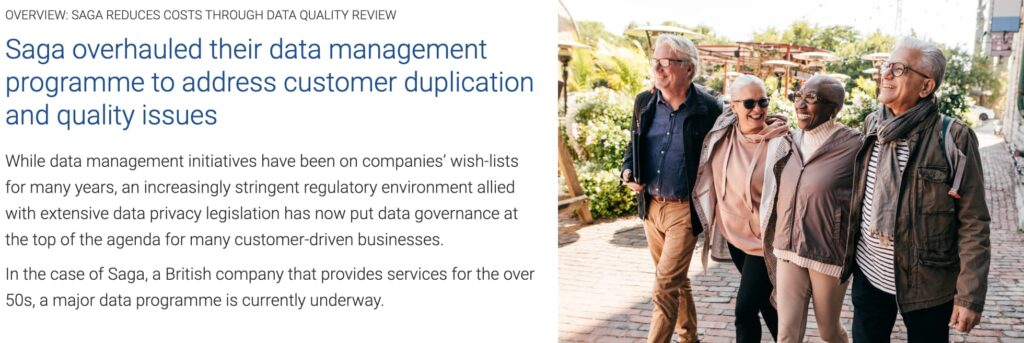 Case study describing how Saga modernized its data management program to address customer duplication and data quality issues
