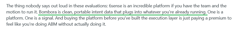 Reddit comment comparing 6sense and Bombora intent data platforms