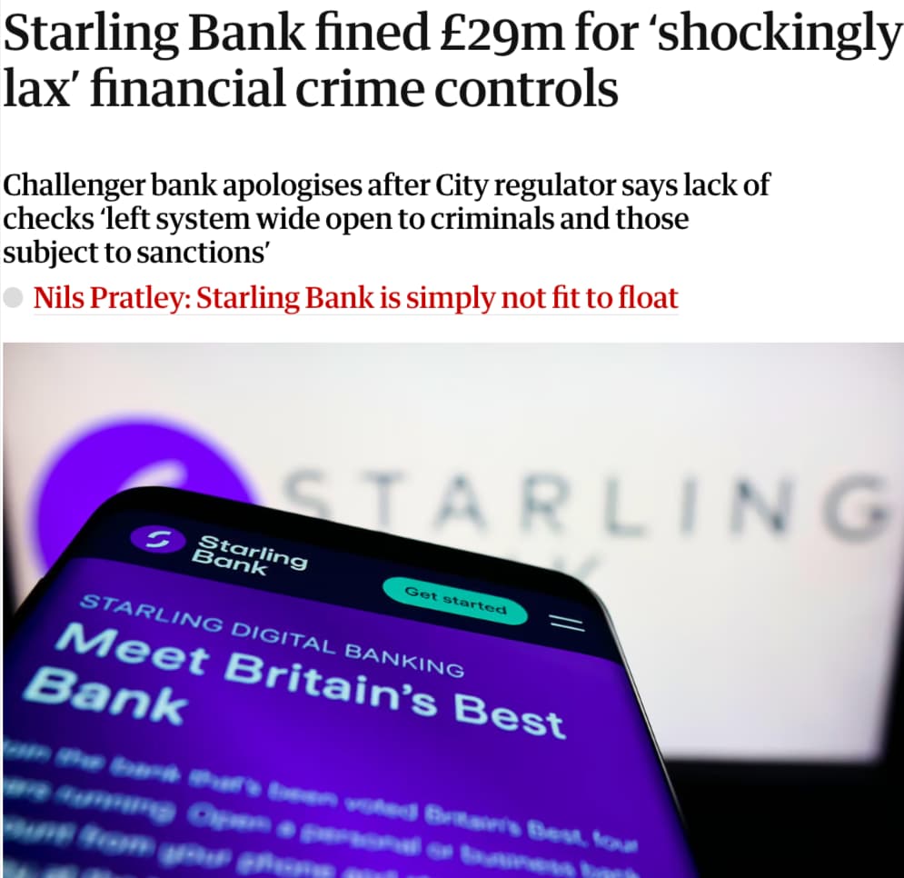 FCA fines Starling Bank £29m for failings in their financial crime systems and controls news article headline