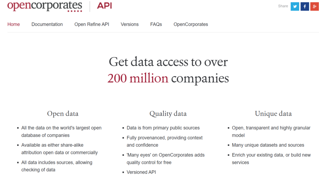 OpenCorporates dashboard