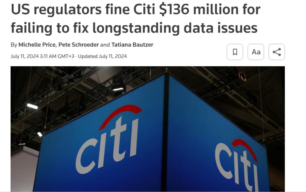 US regulators fine Citi $136 million for failing to fix longstanding data issues news article headline