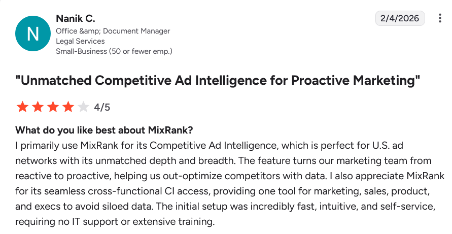 Customer review on G2 of MixRank highlighting