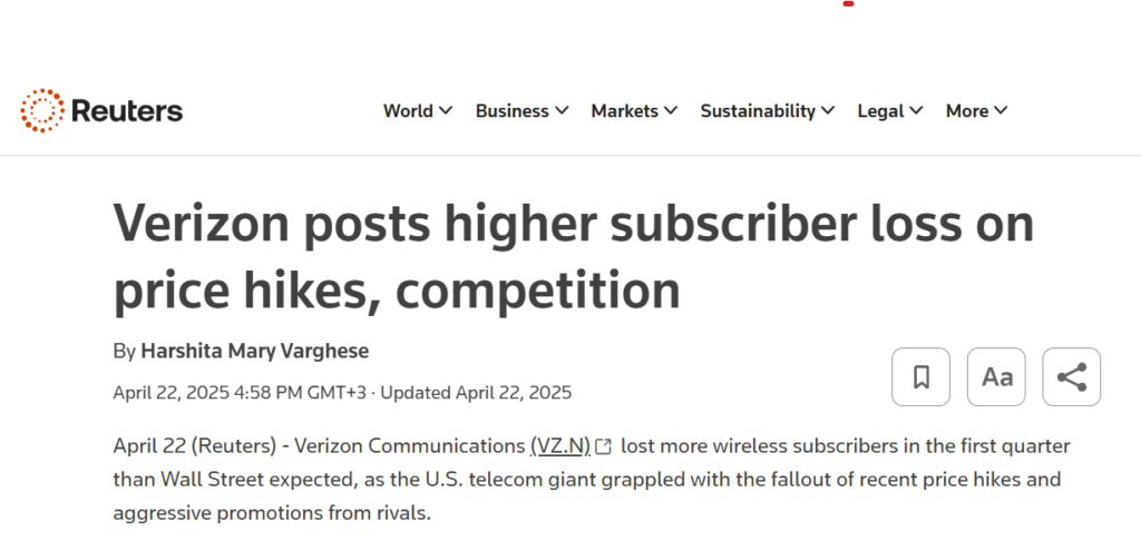 Verizon posts higher subscriber loss on price hikes, competition article headline