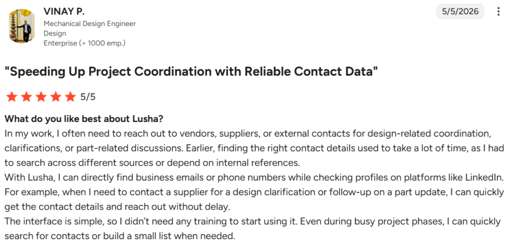 Customer review on G2 highlighting fast access to business contact data